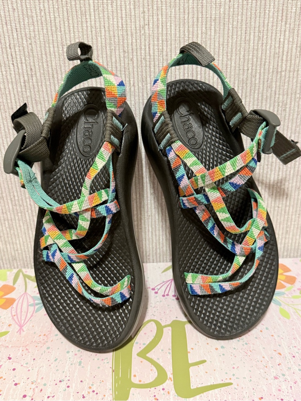 Chaco Kids Black Footbed Sandals with Multicolor Straps